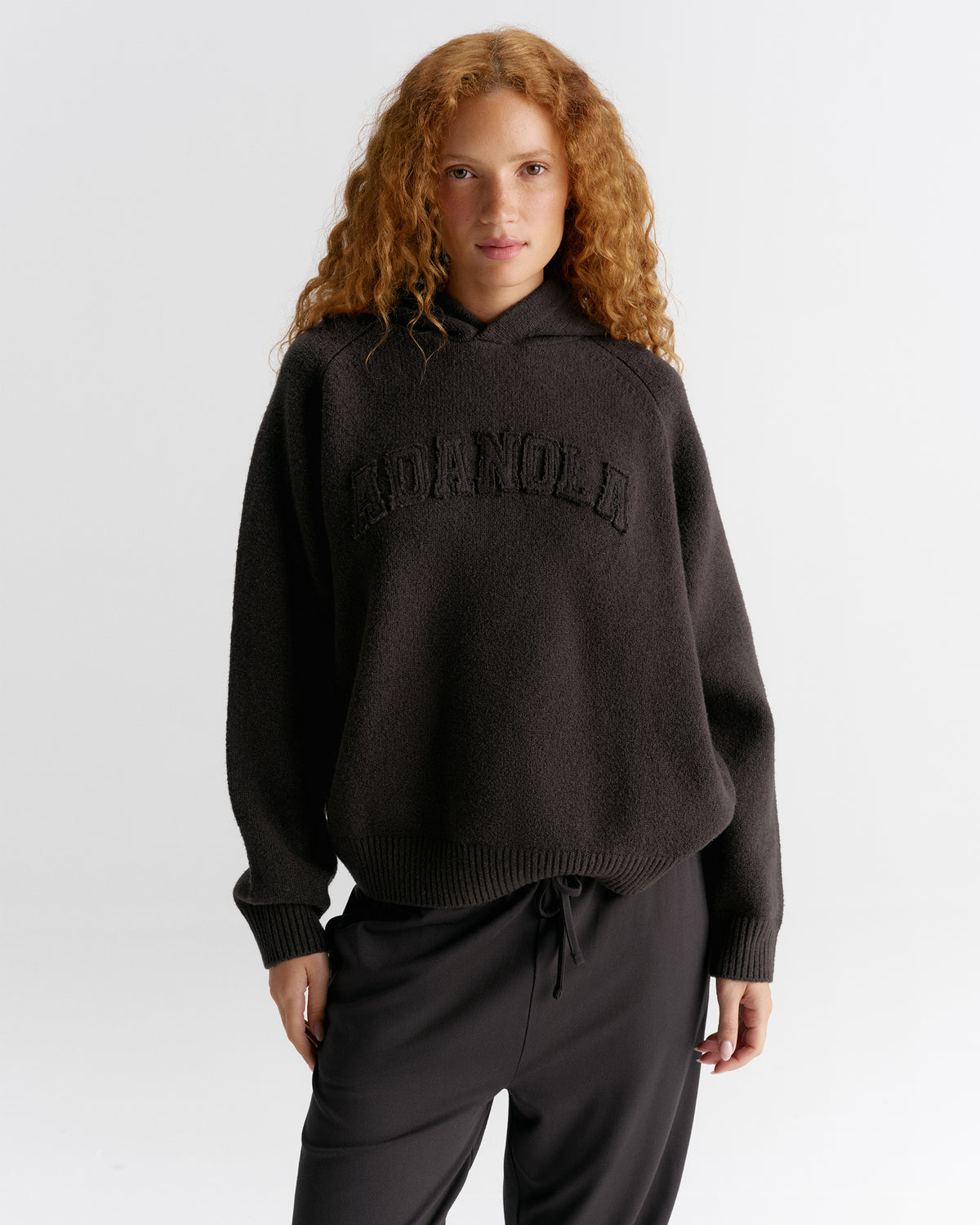 Varsity Oversized Knit Hoodie - Coffee Bean