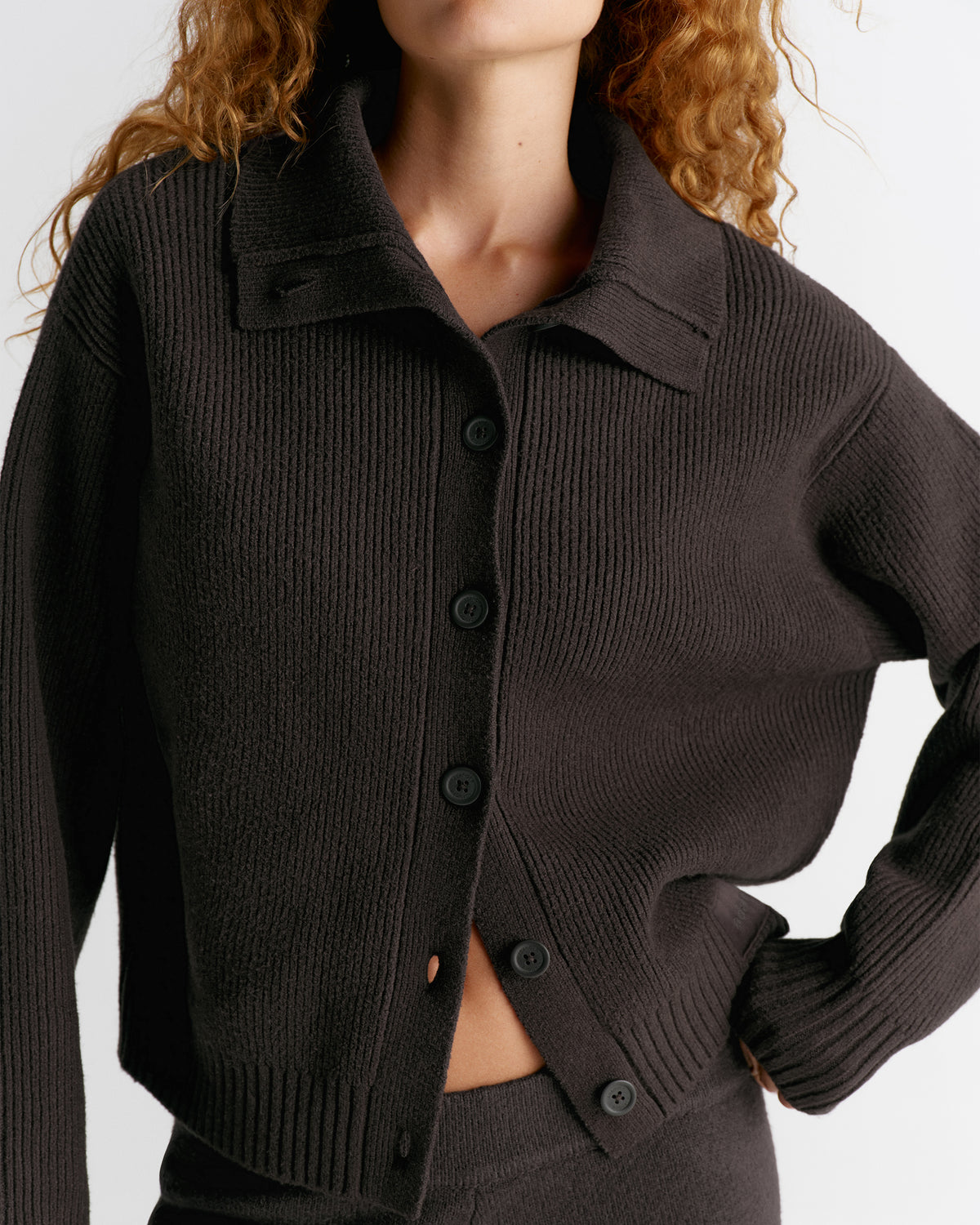 Knit Funnel Neck Collar Cardigan - Coffee Bean