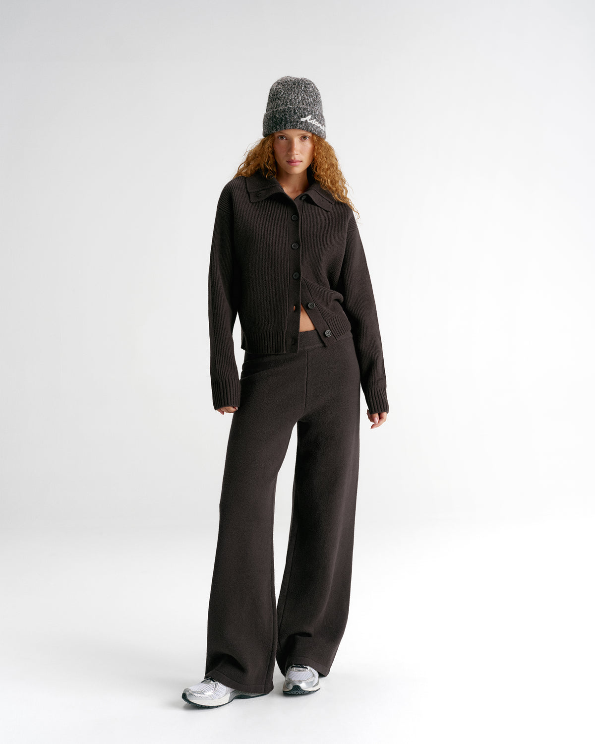 Knit Funnel Neck Collar Cardigan - Coffee Bean