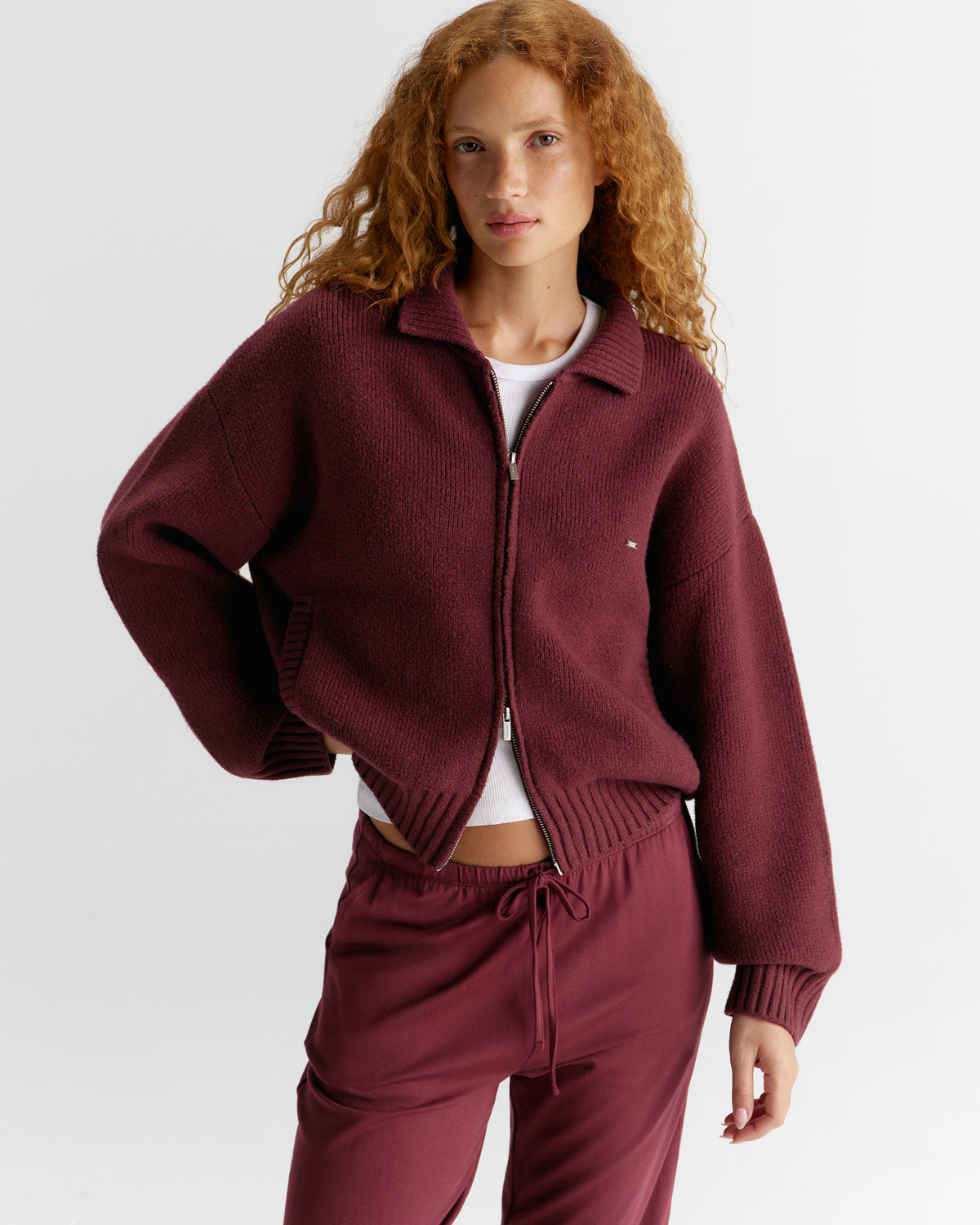 Knit Collared Bomber Jacket - Damson