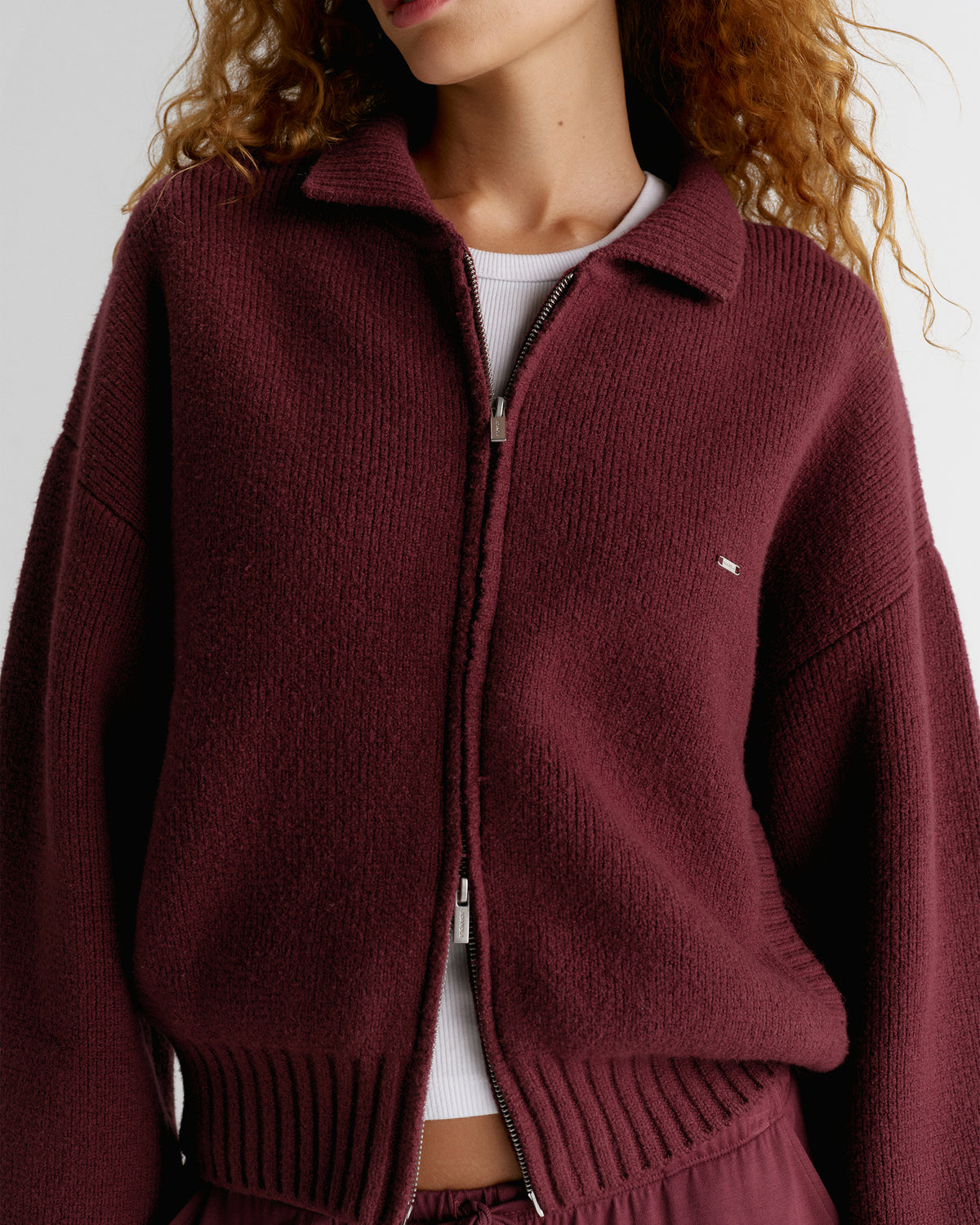 Knit Collared Bomber Jacket - Damson