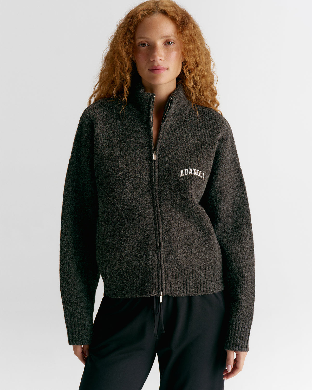 Ribbed Zip Through Knit Sweatshirt - Charcoal Grey