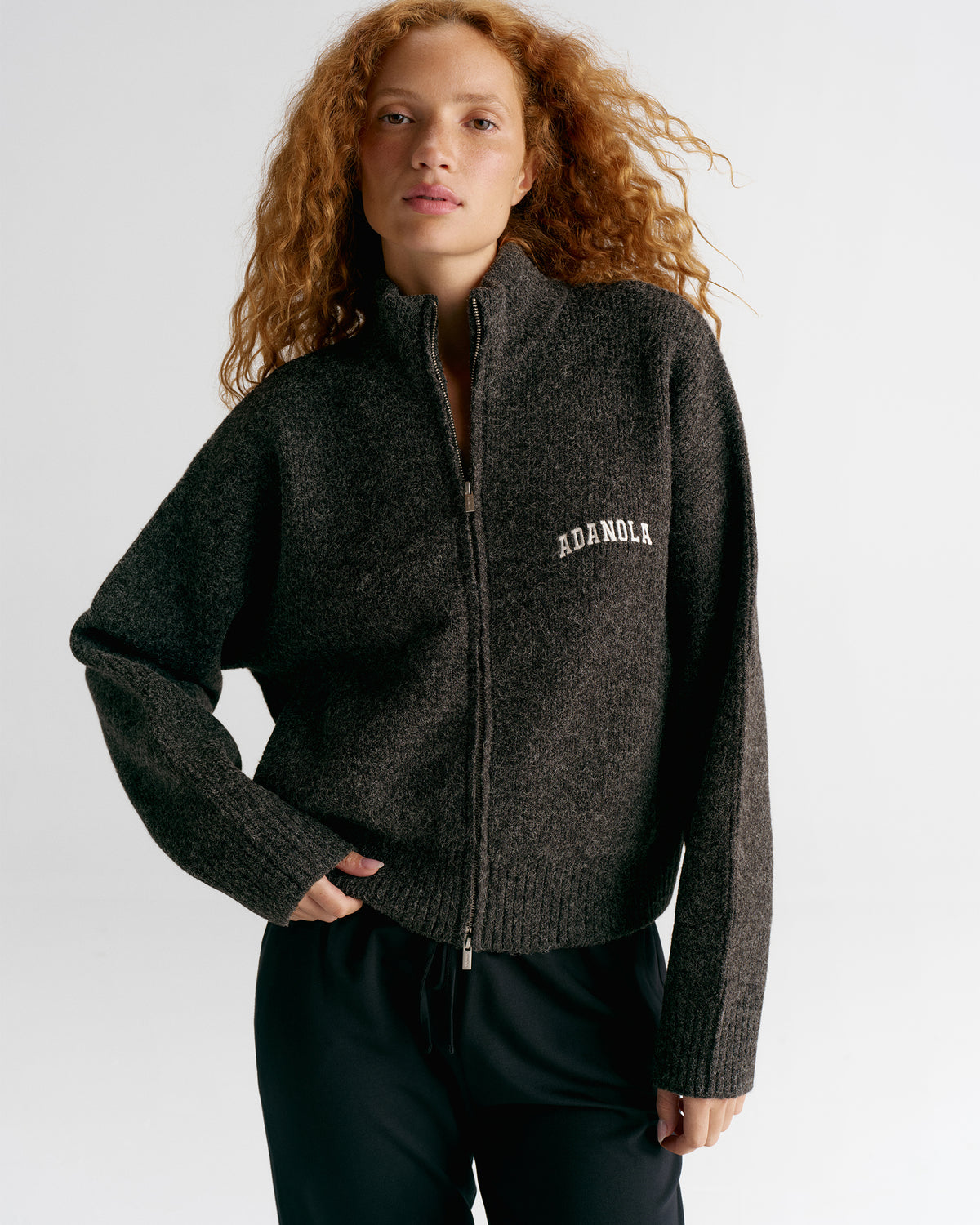 Ribbed Zip Through Knit Sweatshirt - Charcoal Grey