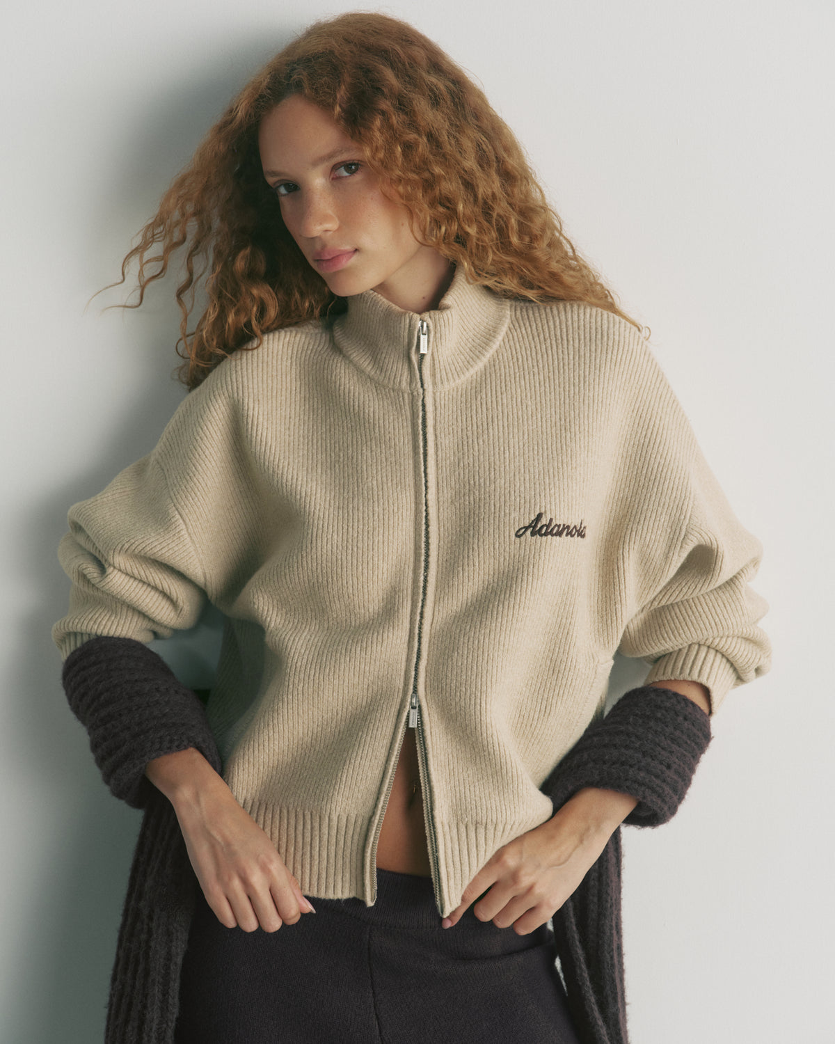 Ribbed Zip Through Knit Sweatshirt - Oatmeal