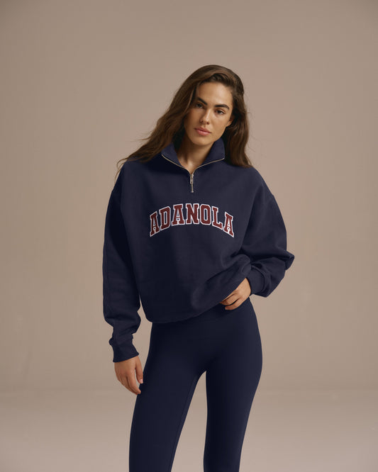 Varsity Relaxed Funnel Neck Zip Sweatshirt - Navy Blue/Burgundy