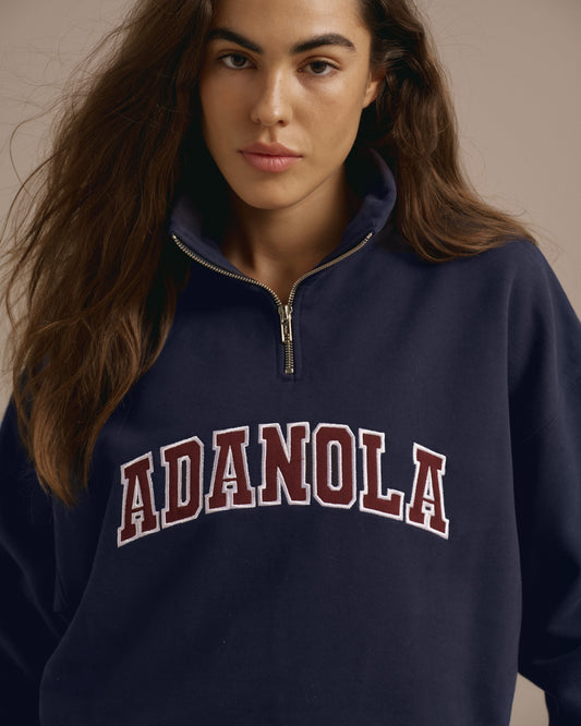 Varsity Relaxed Funnel Neck Zip Sweatshirt - Navy Blue/Burgundy