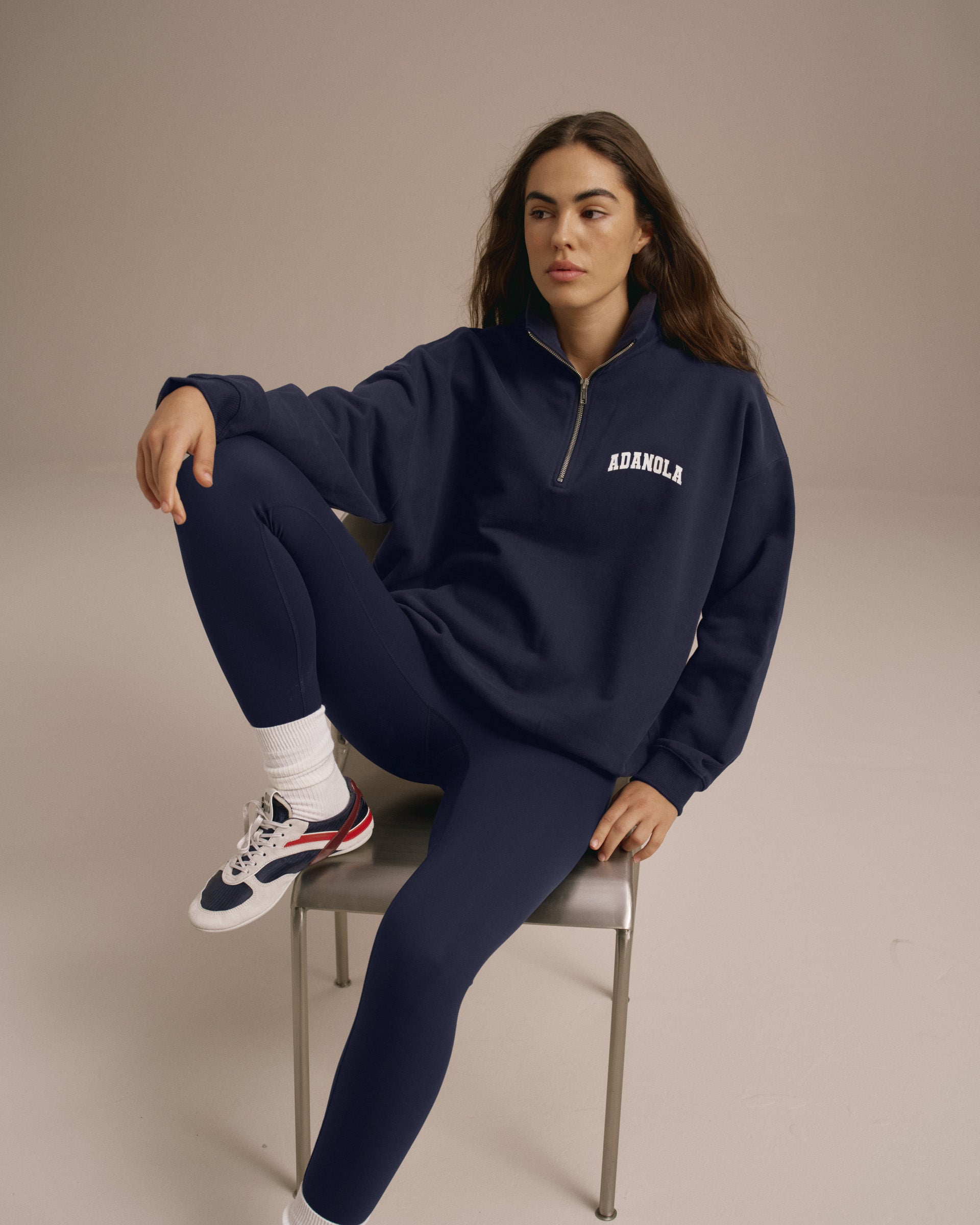 Varsity Oversized Funnel Neck Zip Sweatshirt - Navy Blue