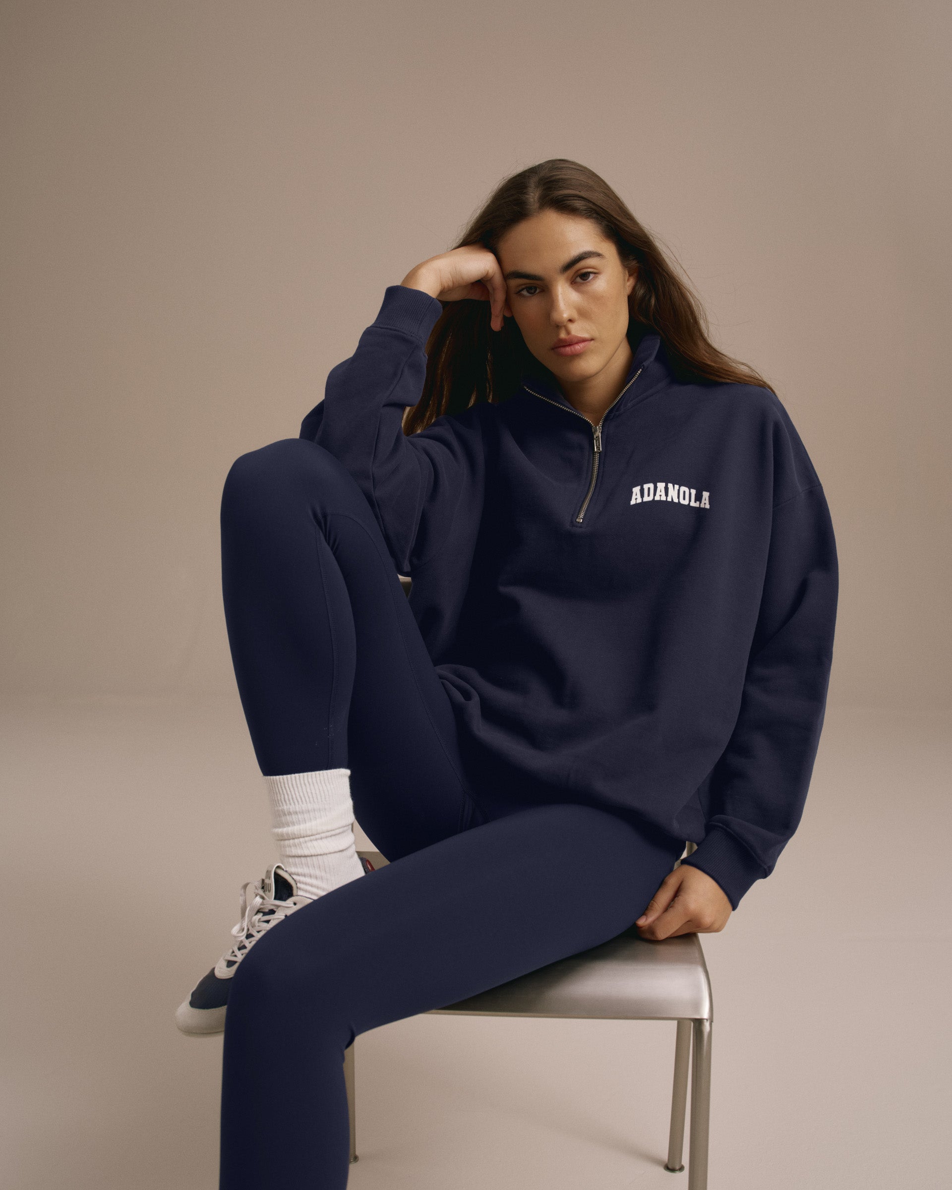 Varsity Oversized Funnel Neck Zip Sweatshirt - Navy Blue