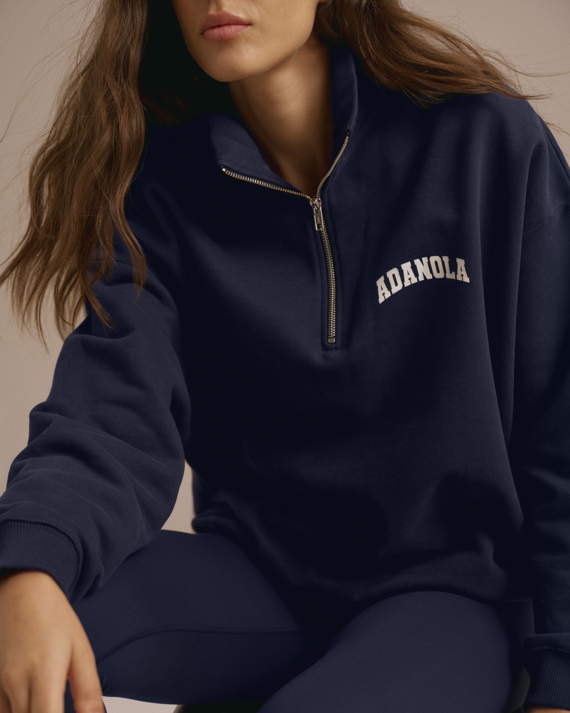 Varsity Oversized Funnel Neck Zip Sweatshirt - Navy Blue