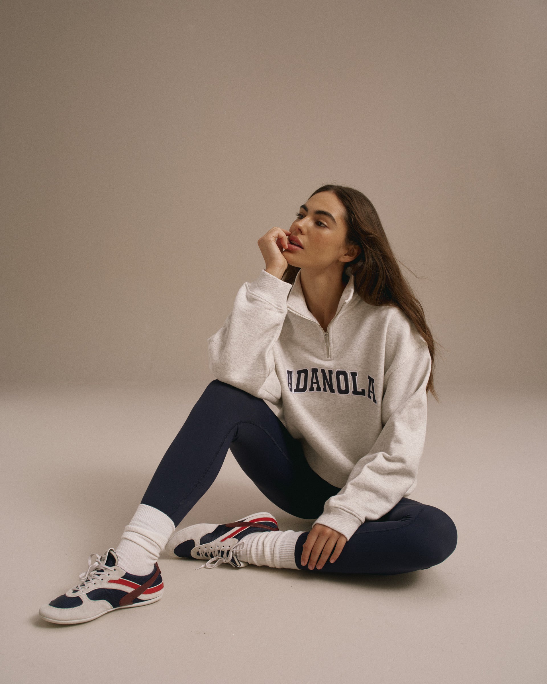 Varsity Relaxed Funnel Neck Zip Sweatshirt - Light Grey Melange/Navy Blue