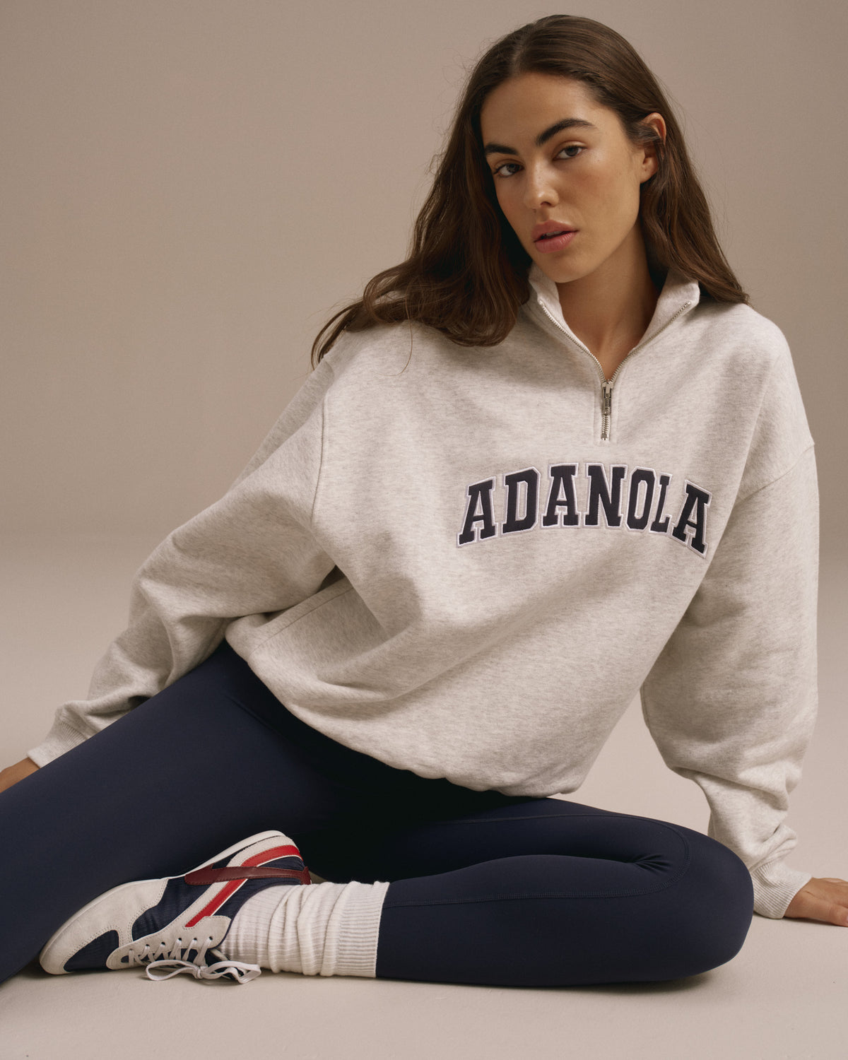 Varsity Relaxed Funnel Neck Zip Sweatshirt Light Grey Melange Navy Blue