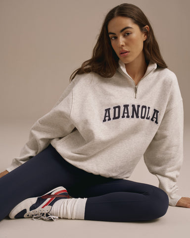 Varsity Relaxed Funnel Neck Zip Sweatshirt - Light Grey Melange/Navy Blue