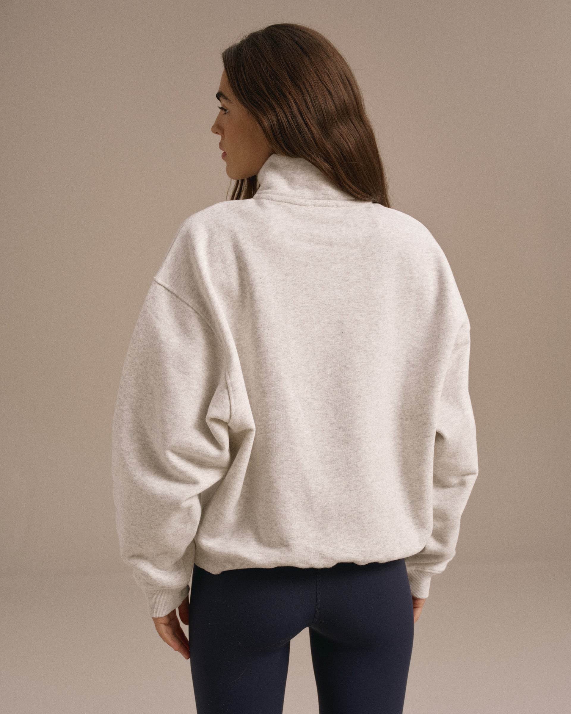 Varsity Relaxed Funnel Neck Zip Sweatshirt - Light Grey Melange/Navy Blue