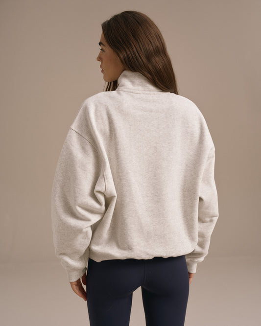 Varsity Relaxed Funnel Neck Zip Sweatshirt - Light Grey Melange/Navy Blue
