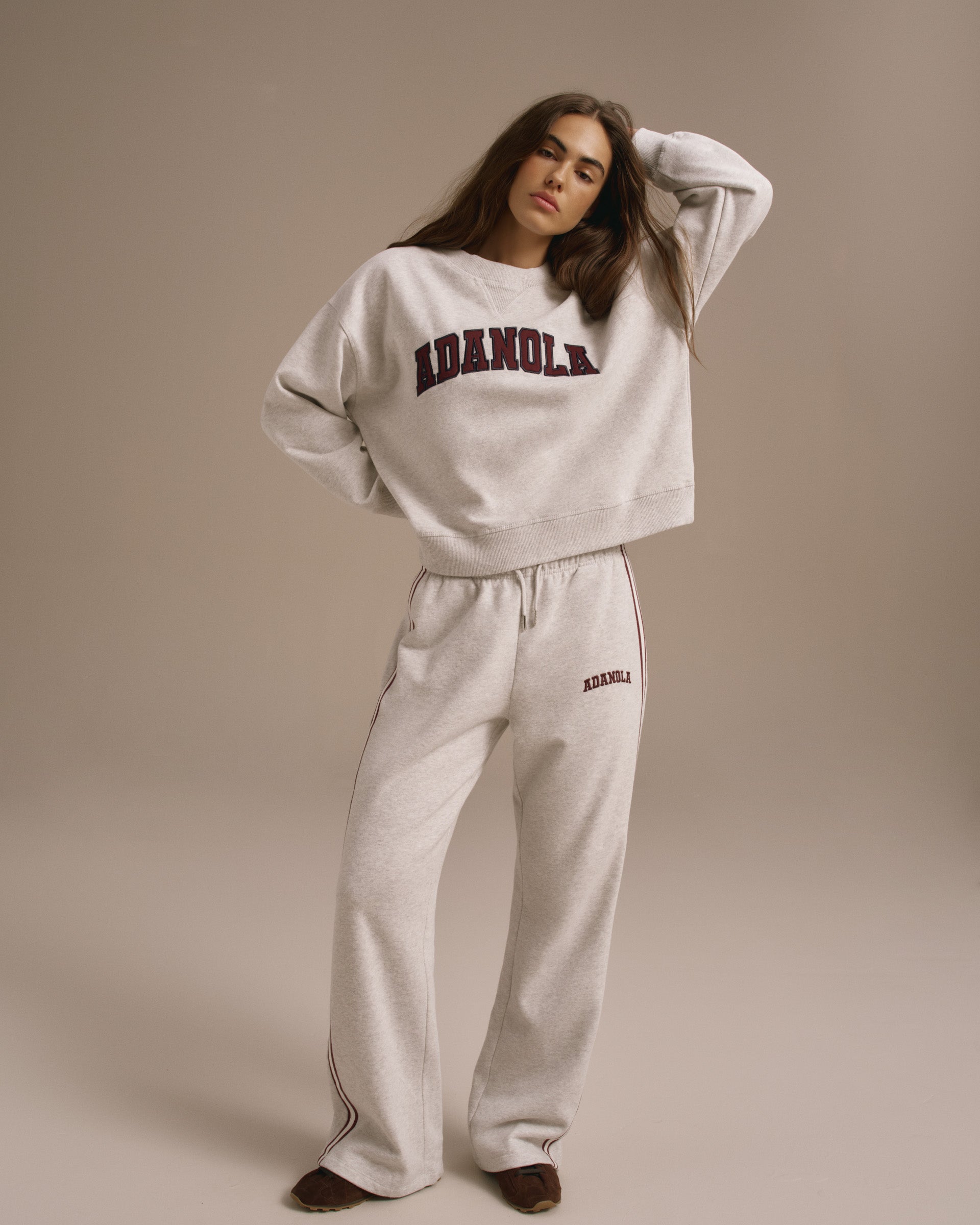 Varsity Loose Fit Straight Leg Sweatpants - Light Grey Melange/Dark Cherry