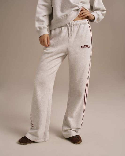 Varsity Loose Fit Straight Leg Sweatpants - Light Grey Melange/Dark Cherry