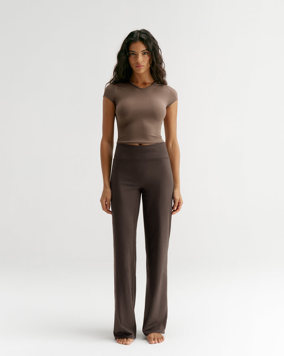 V-Neck Short Sleeve Yoga Top - Walnut Brown