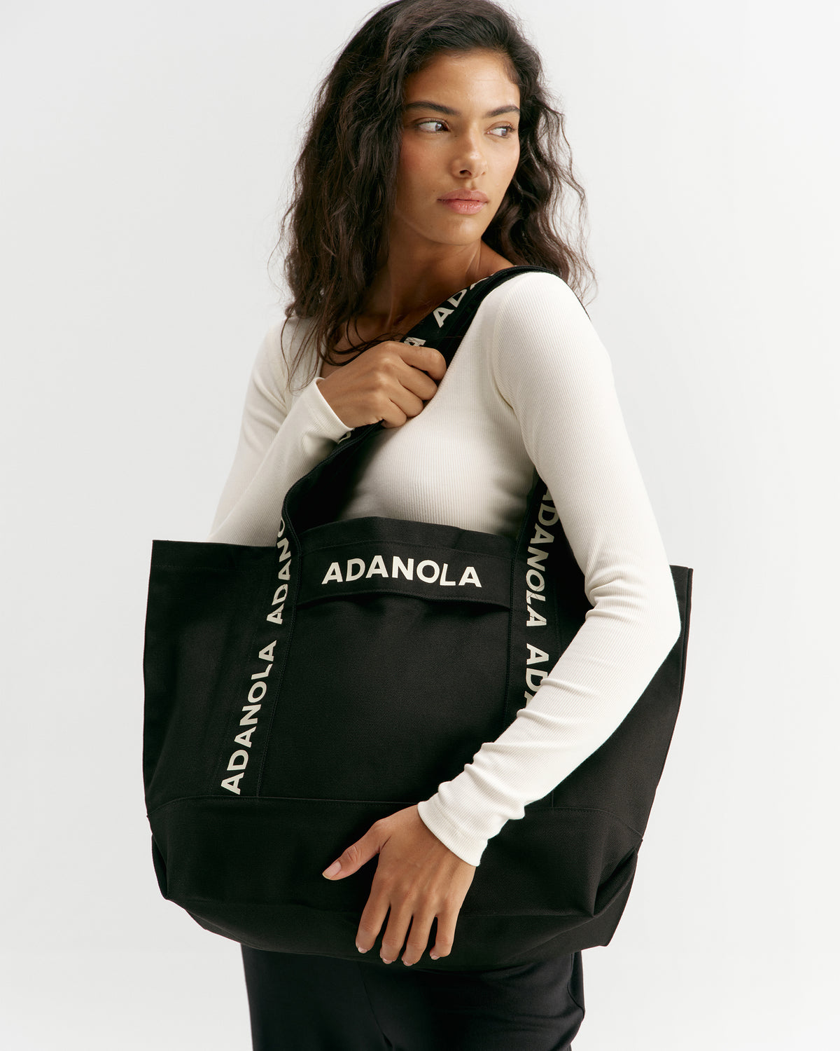 Branded Strap Tote Bag - Black/Cream