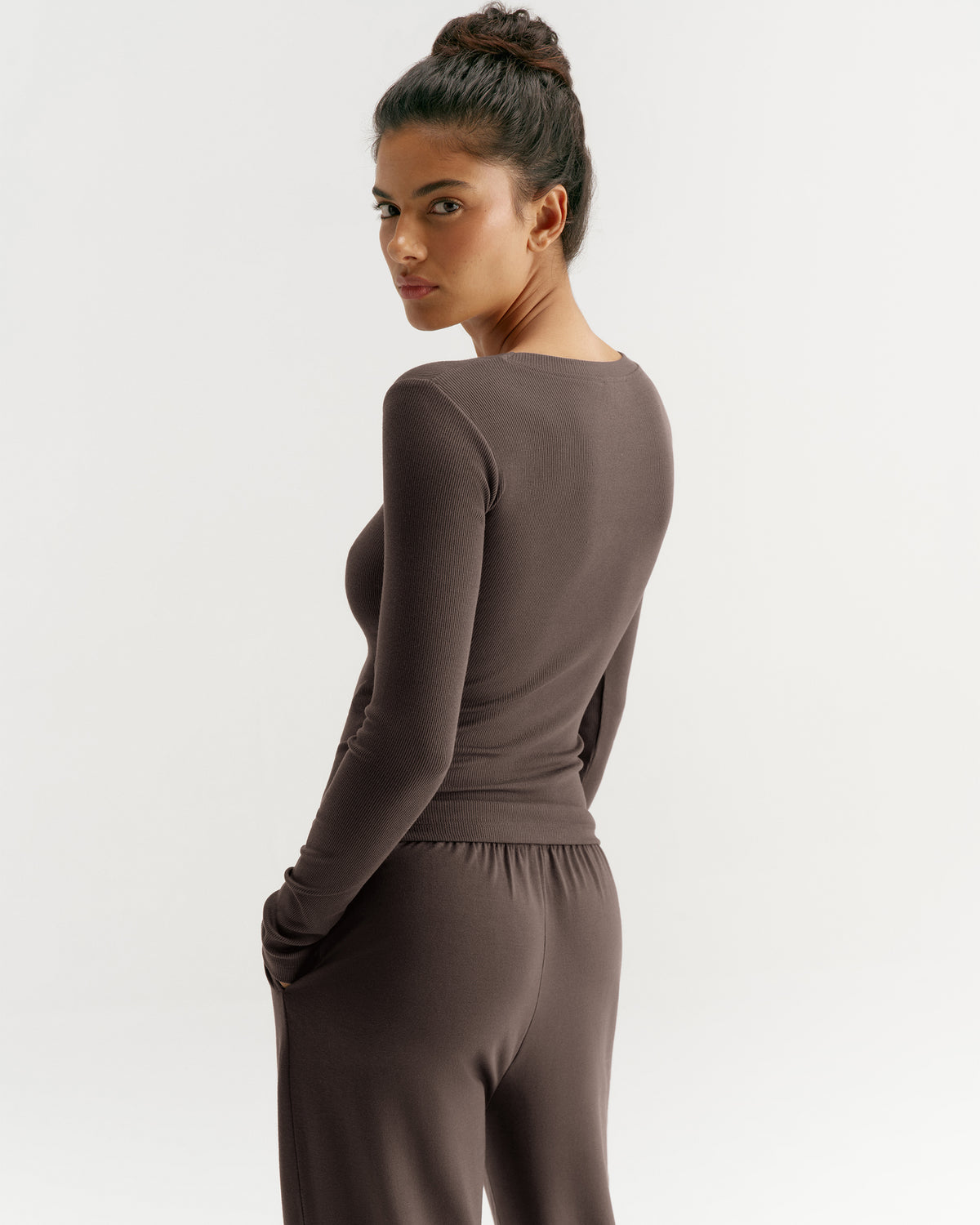 Modal Soft Rib Scoop Neck Long Sleeve Top - Coffee Bean