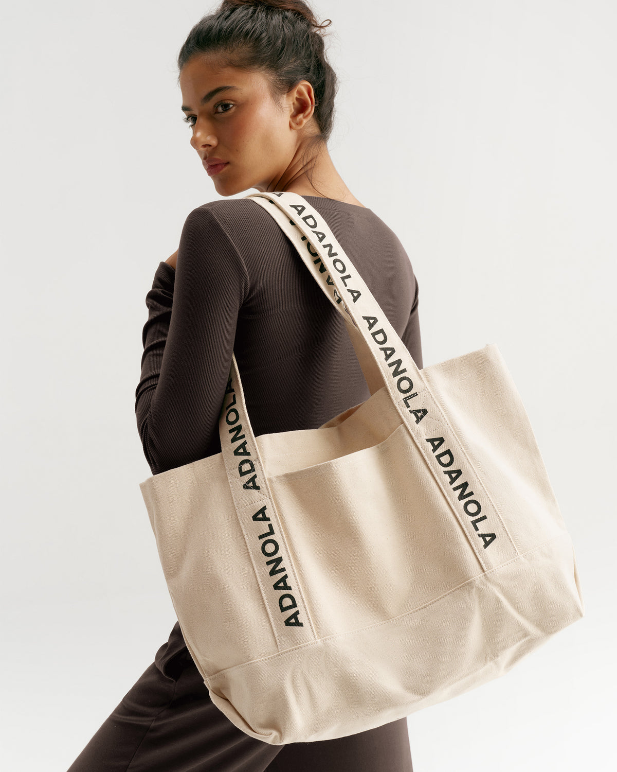 Branded Strap Tote Bag - Cream/Black