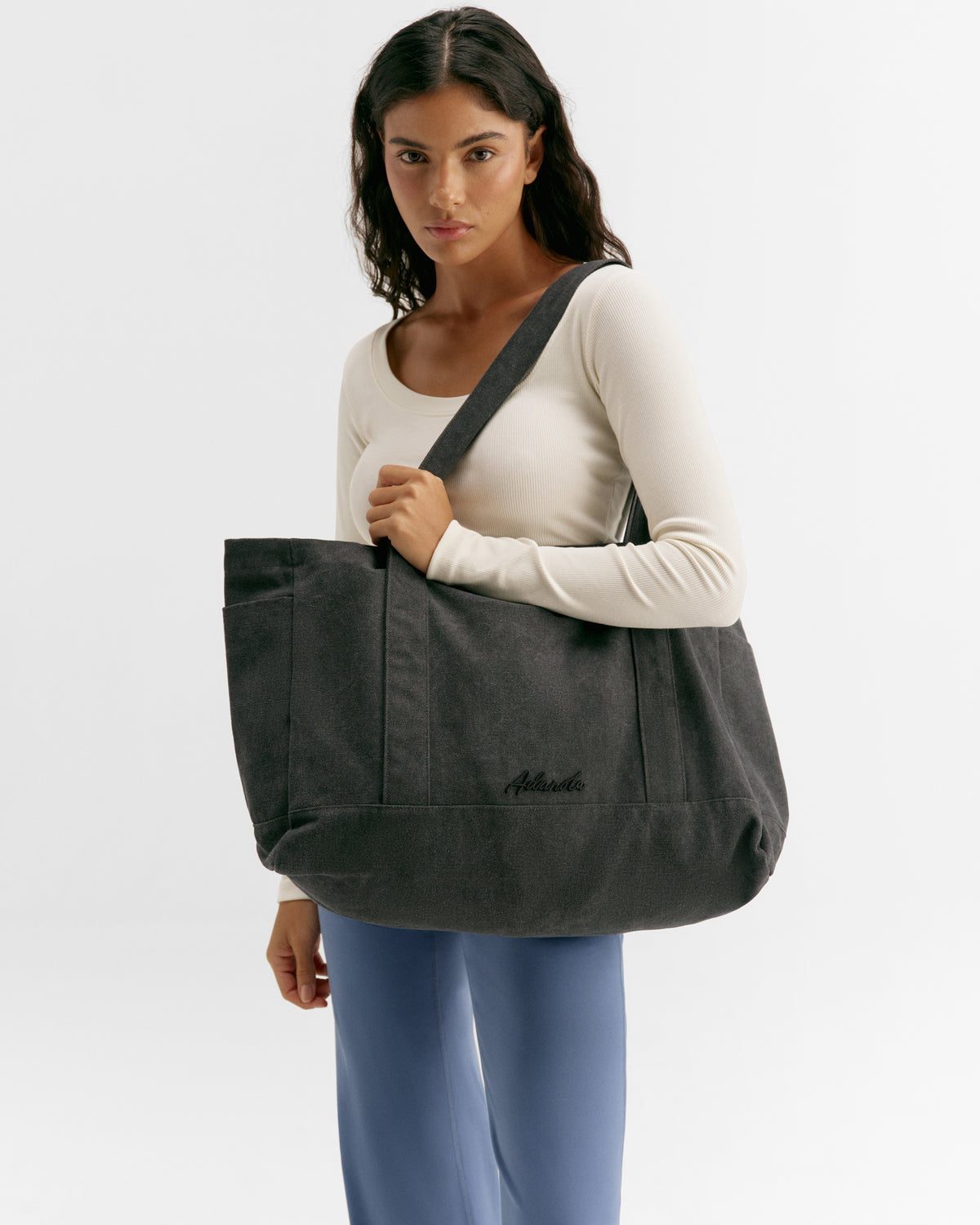 Script Washed Tote Bag - Graphite Grey