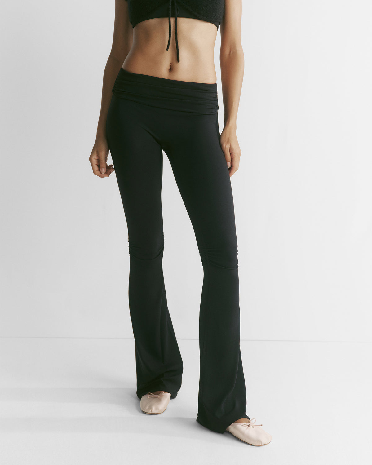 Fold Over Gathered Yoga Pants - Black