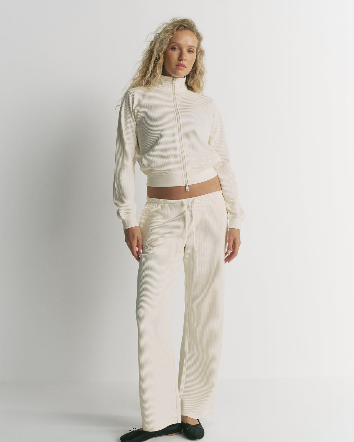 Long Sleeve Rib Zip Up Top - Marshmallow White