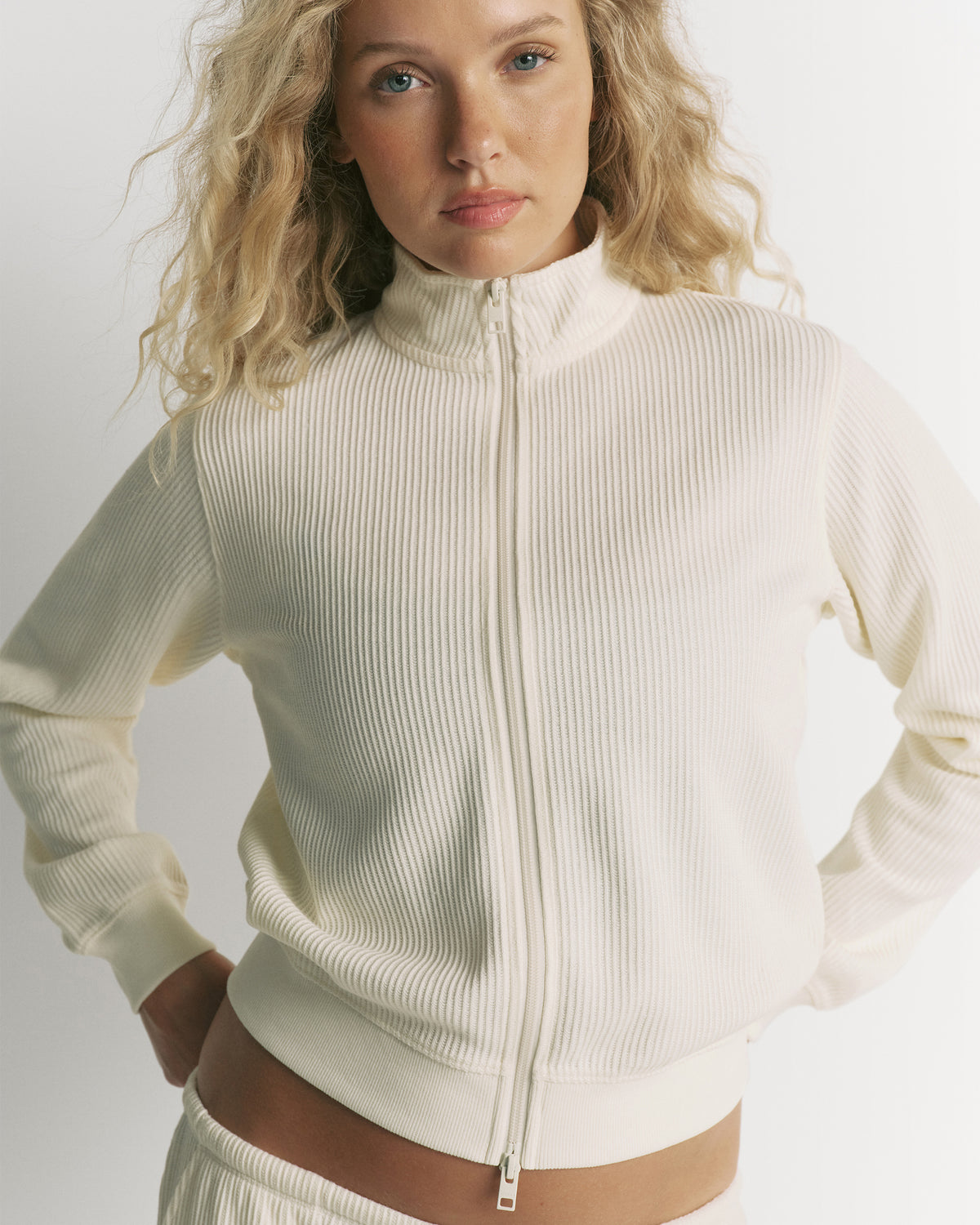 Long Sleeve Rib Zip Up Top - Marshmallow White