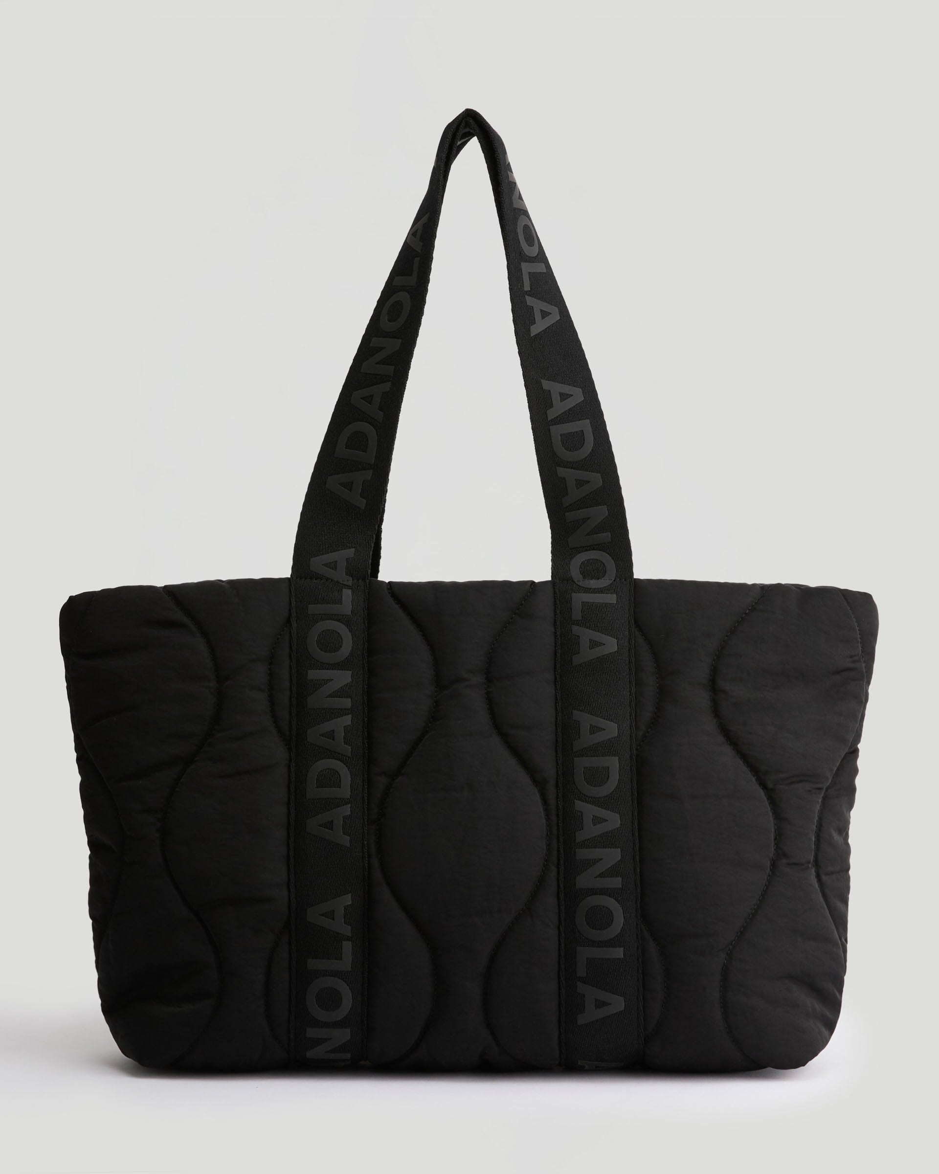 Branded Strap Quilted Nylon Bag - Black