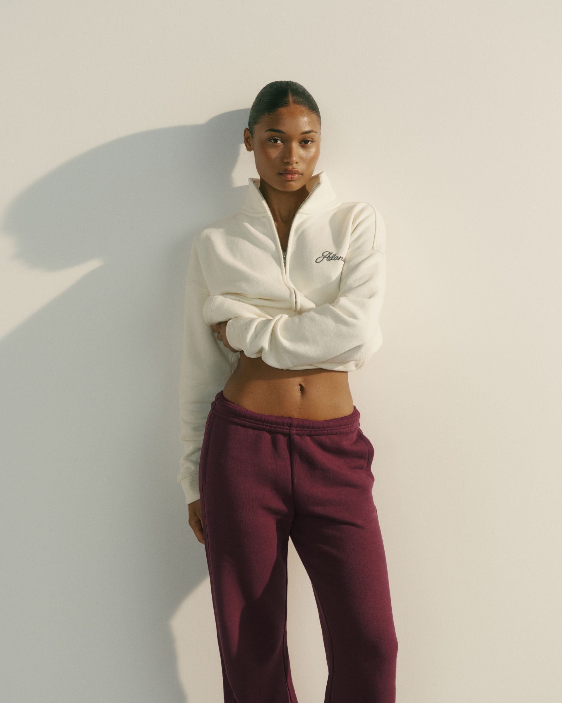 Classic Adanola Script Relaxed Zip Through Funnel Neck Sweatshirt - Marshmallow White/Storm Blue