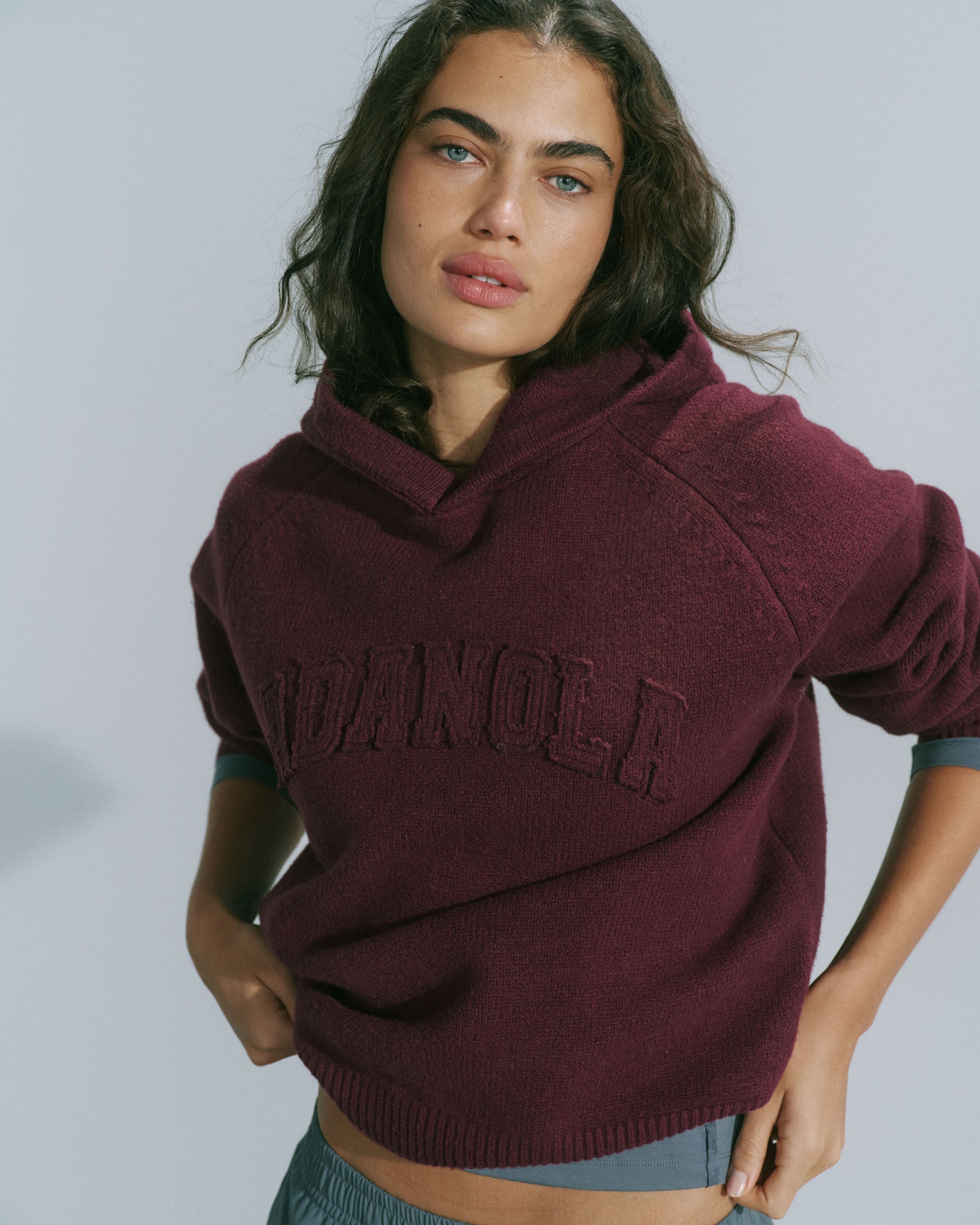 Varsity Oversized Knit Hoodie - Damson Red
