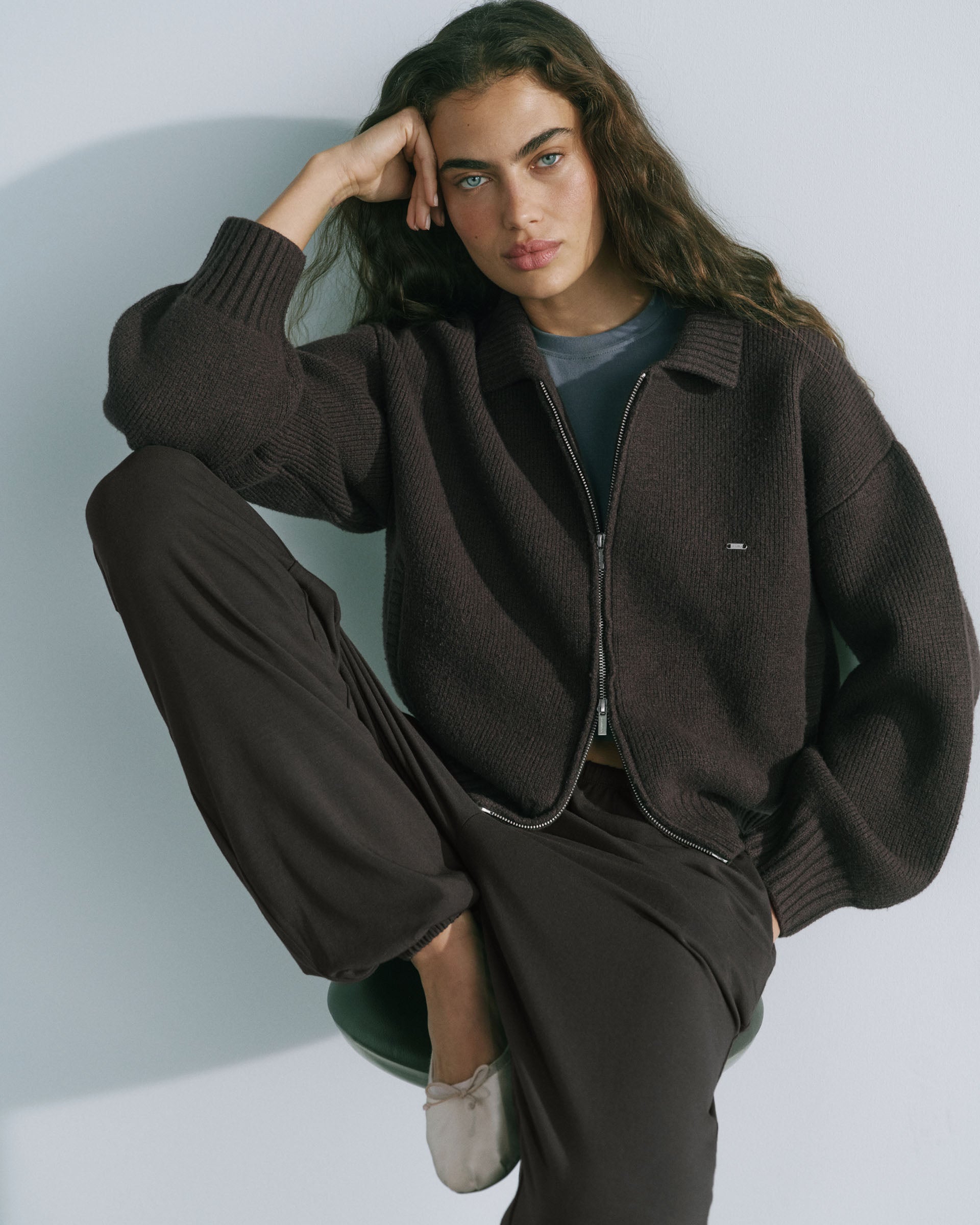 Knit Collared Bomber Jacket - Coffee Bean