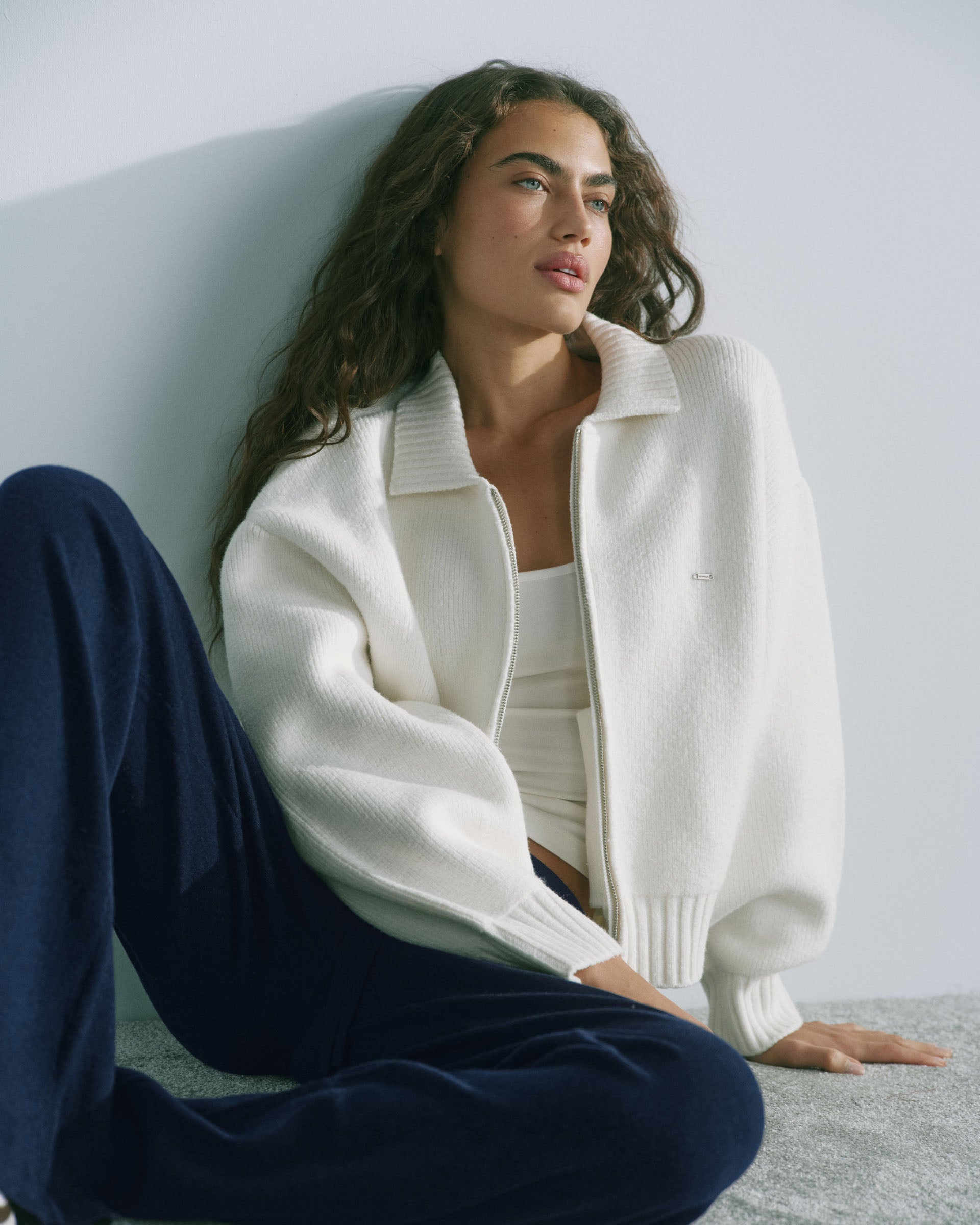 Knit Collared Bomber Jacket - Marshmallow White