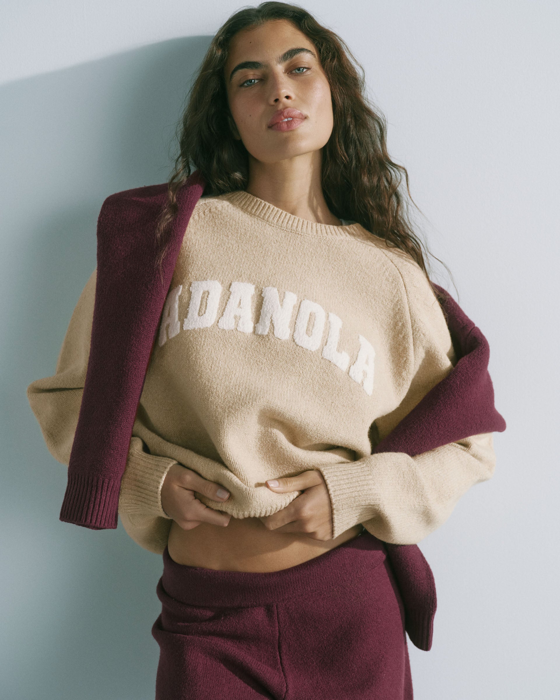 Varsity Boucle Oversized Knit Sweatshirt - Oatmeal
