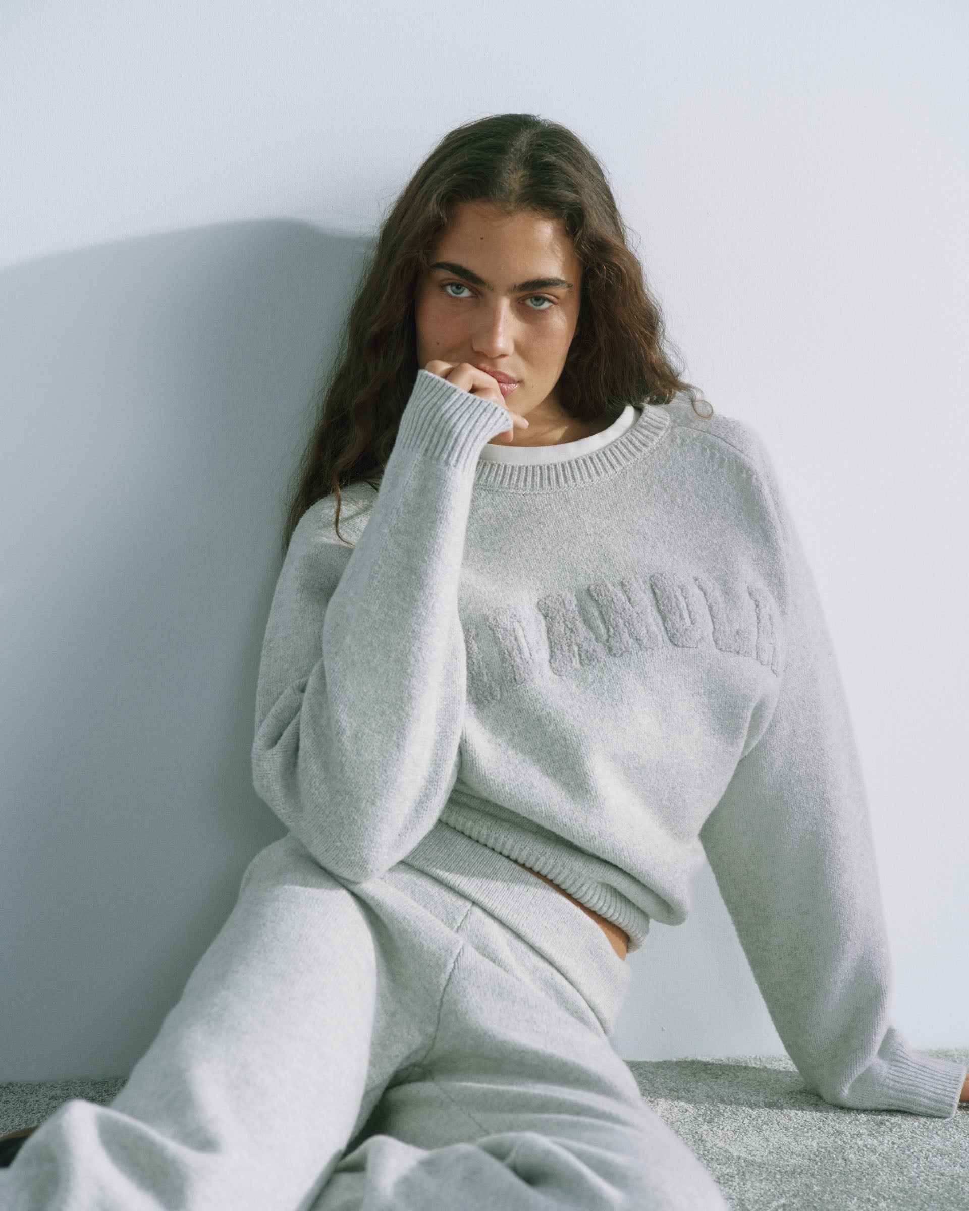 Varsity Boucle Oversized Knit Sweatshirt - Light Grey Melange