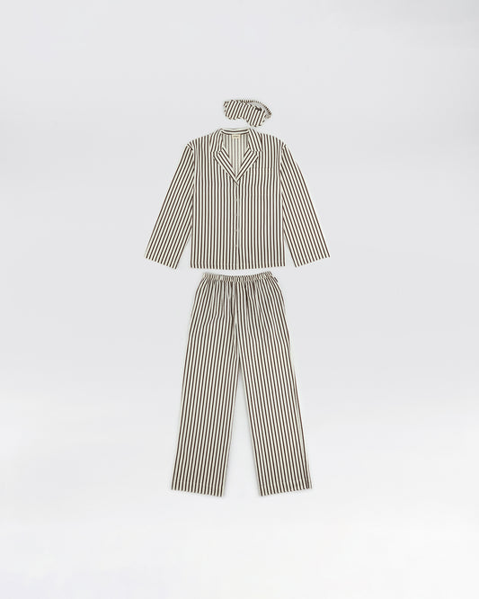 Cotton Sateen Stripe Pyjamas - Marshmallow White/Coffee Bean