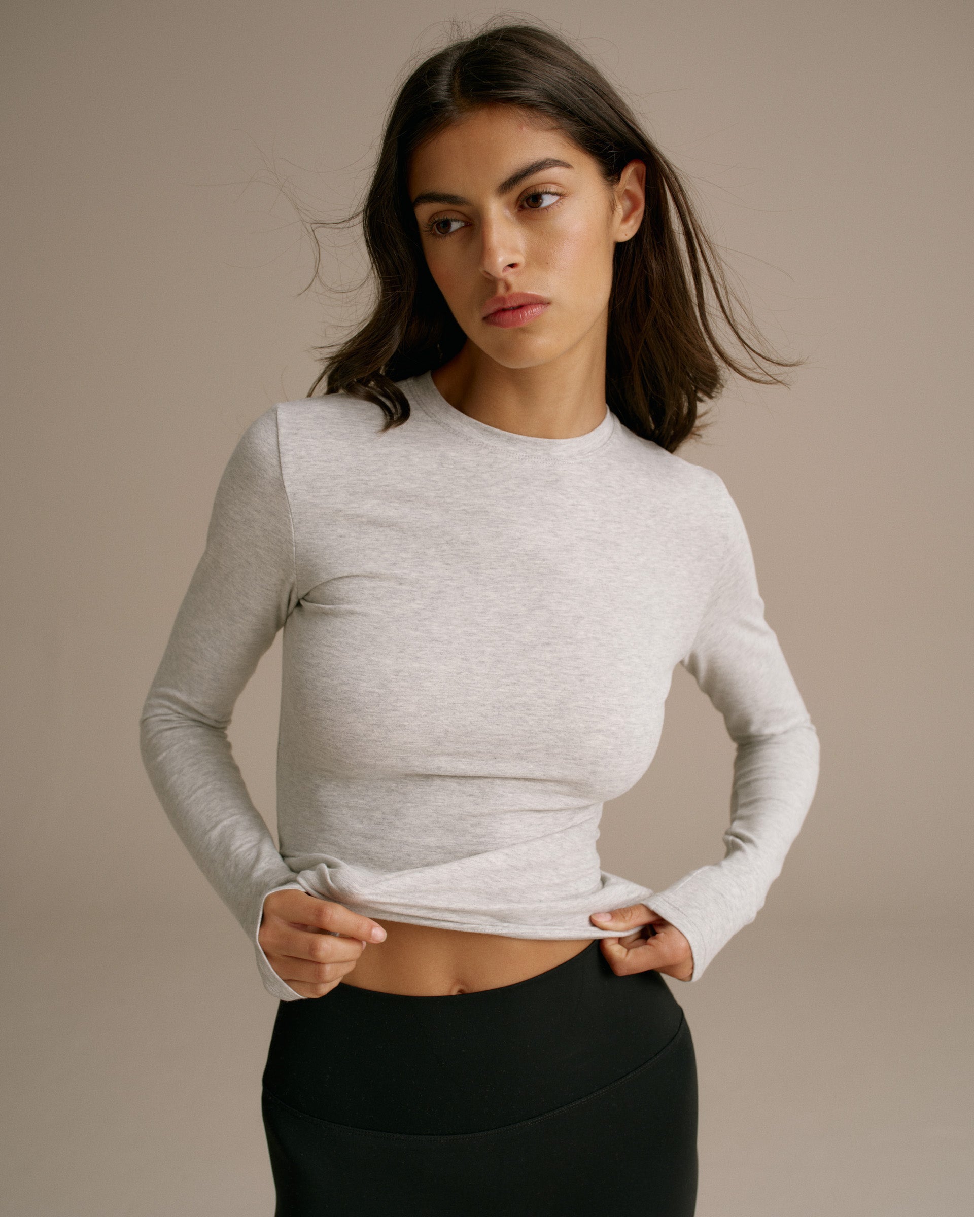 Cotton Long Sleeve Top - Grey Melange