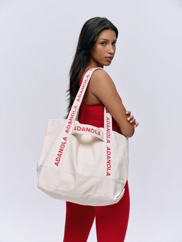 Branded Strap Tote Bag - Cream/Red