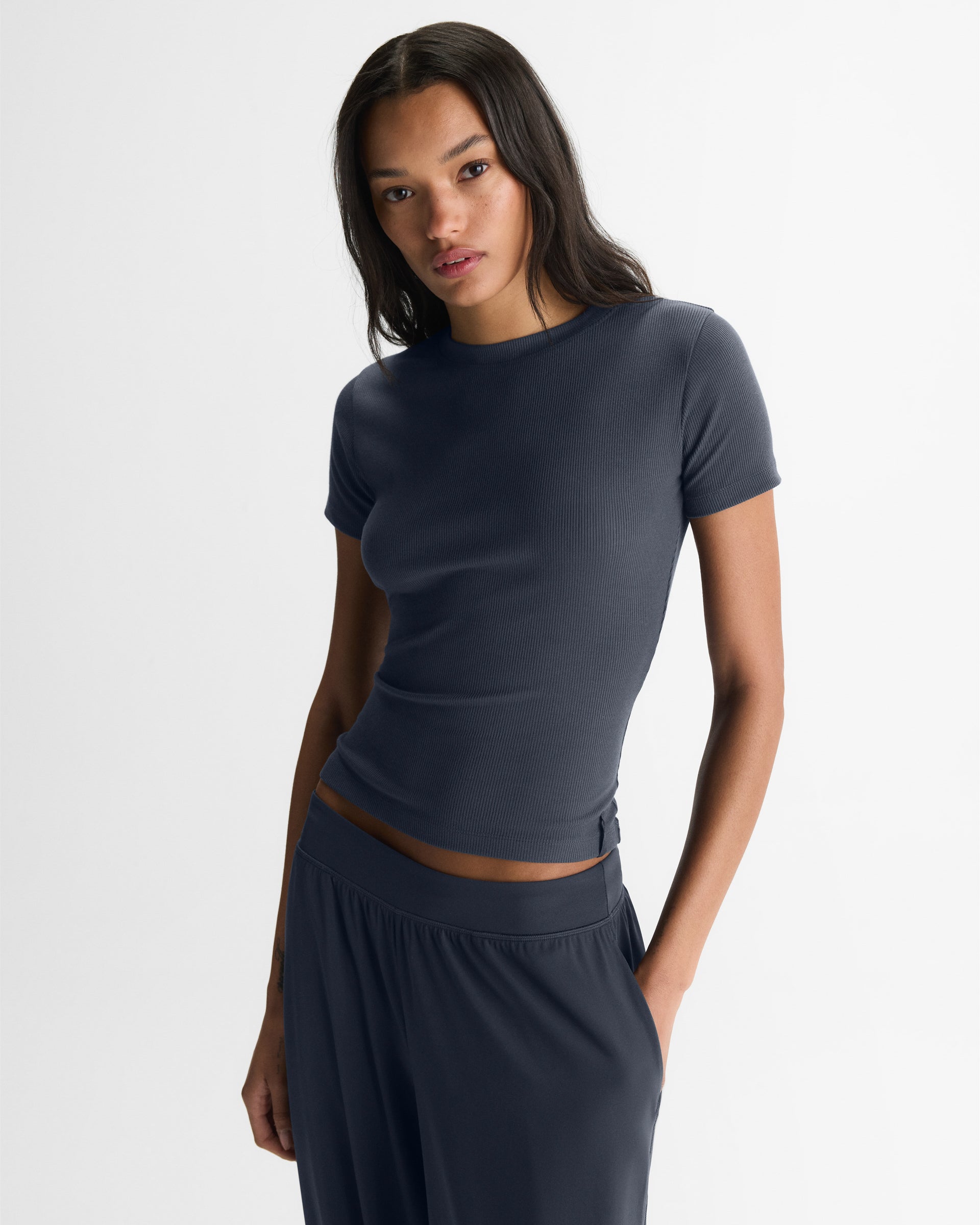 Women's Modal Rib Short Sleeve Top - Midnight Blue | Adanola – Adanola