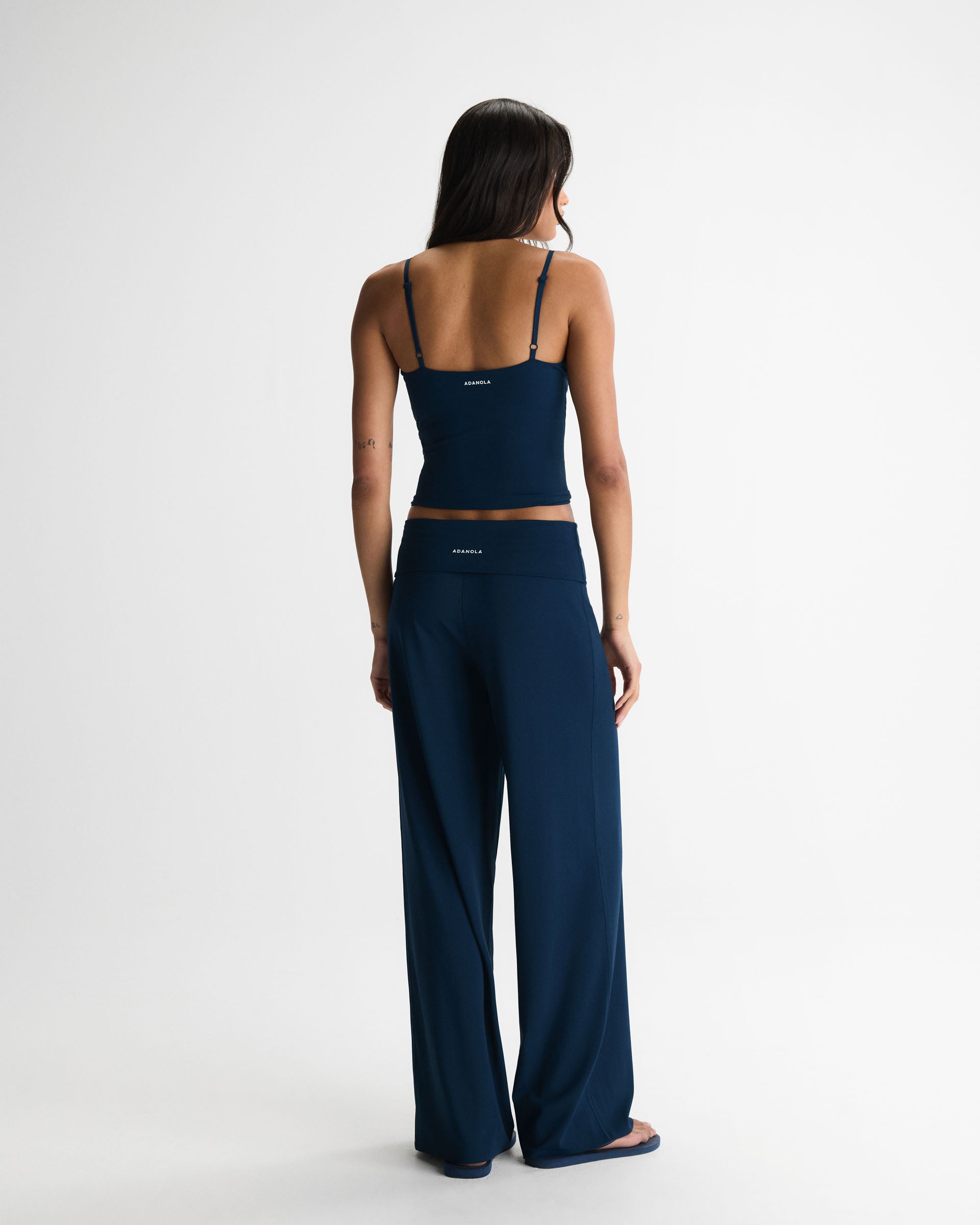 Women's Fold Over Wide Leg Yoga Pants - Navy Blue | Adanola – Adanola