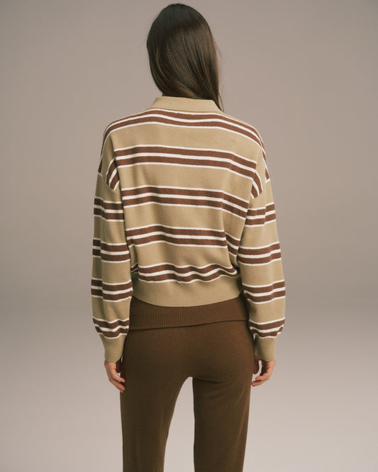 Knit Button Up Collar Sweatshirt - Pistachio Stripe