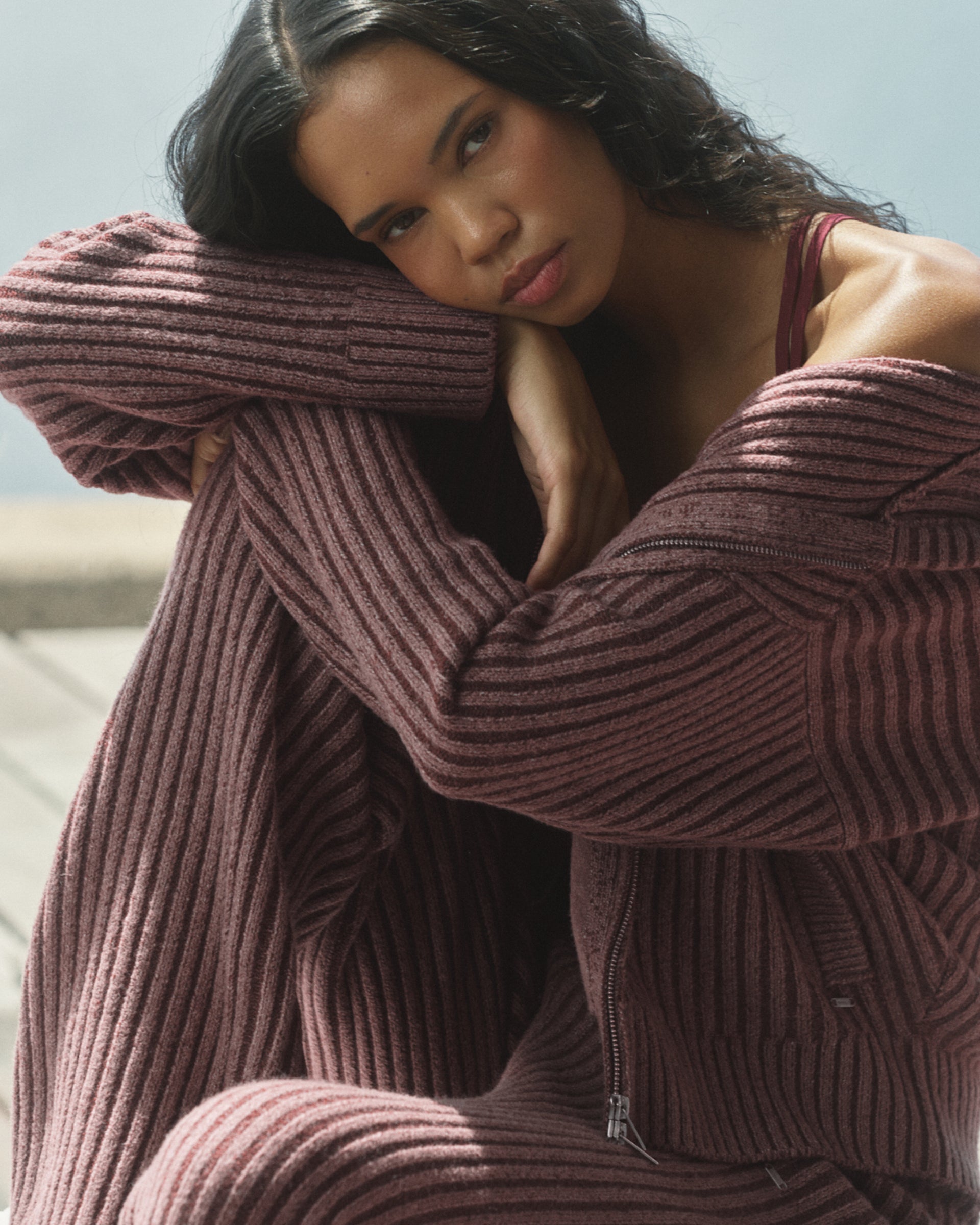 Two Tone Rib Knit Zip Through Hoodie - Damson Red