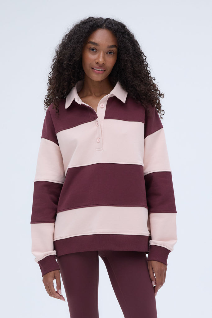 Stripe Oversized Henley Sweatshirt - Burgundy/Blush Pink