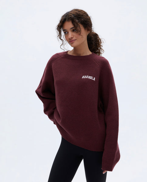 Varsity Oversized Knit Sweatshirt Burgundy Cream