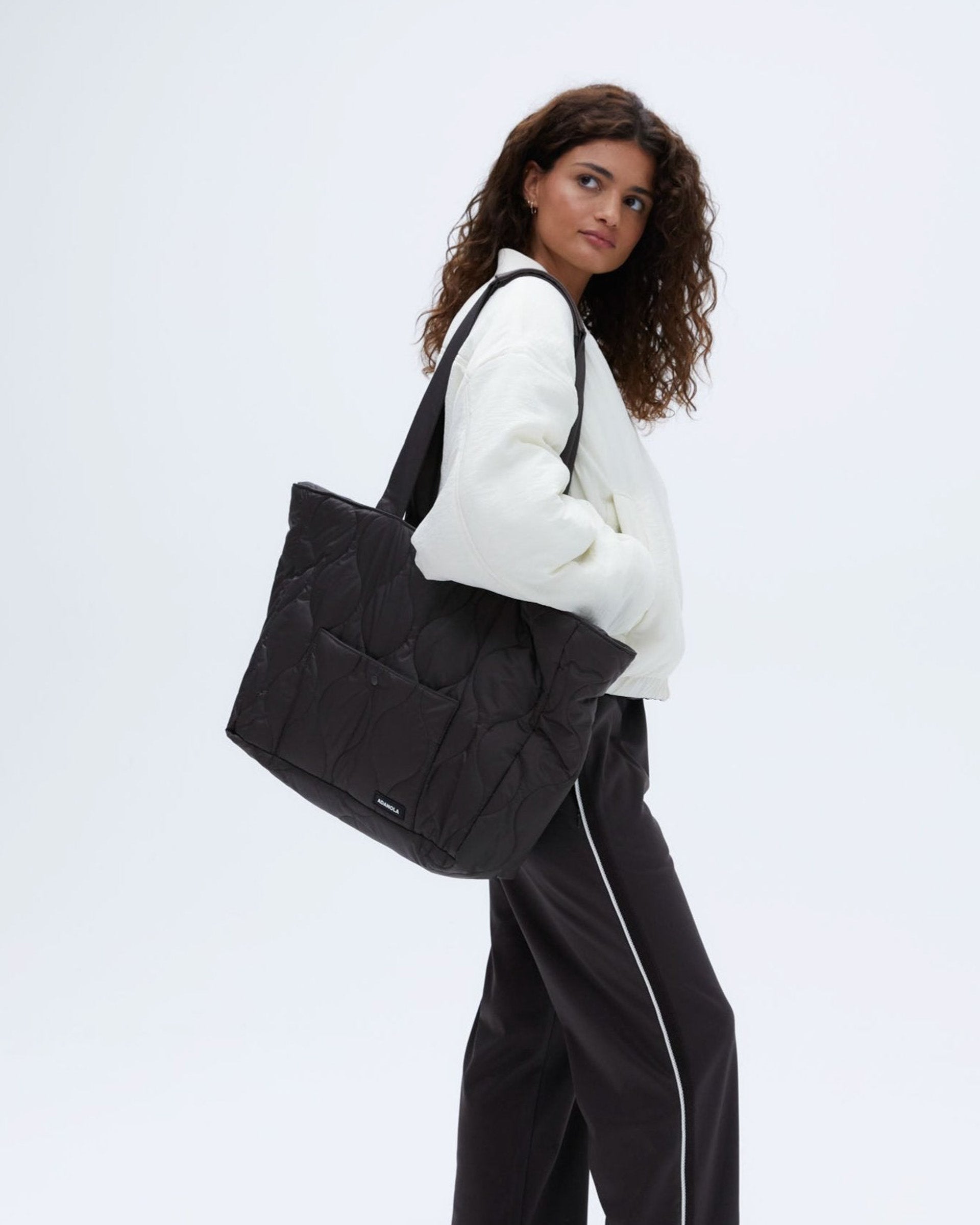 Quilted Nylon Tote Bag - Coffee Bean