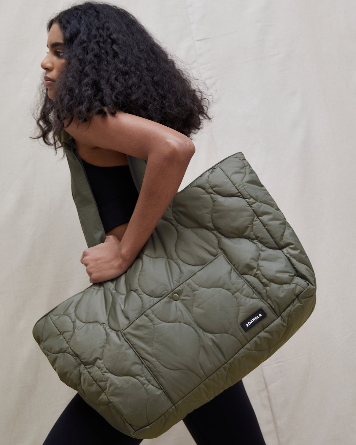 Quilted Nylon Tote Bag - Olive Green
