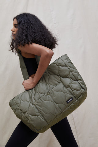 Quilted Nylon Tote Bag - Olive Green - Bags - Adanola
