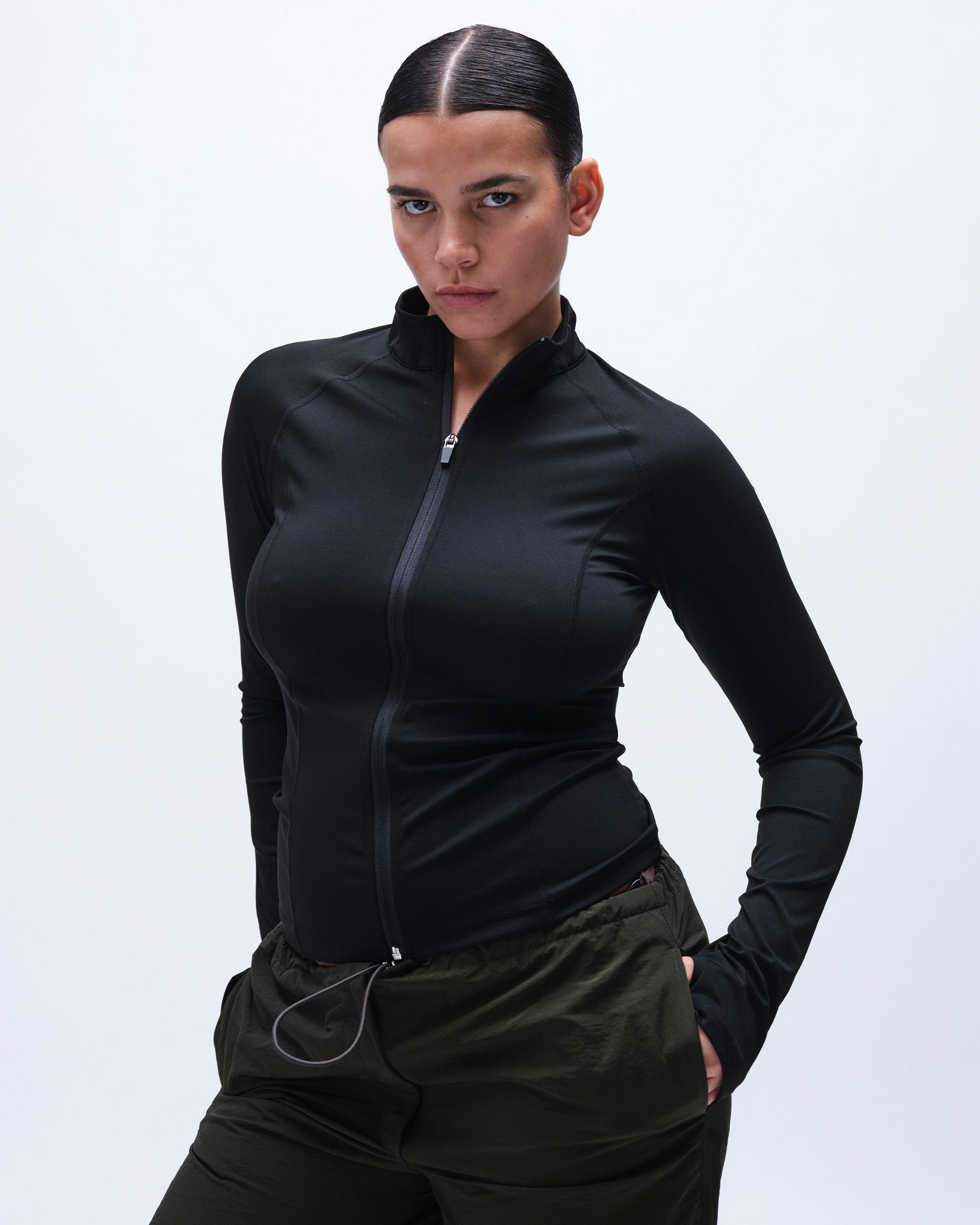 Women's Long Sleeve Zip Up Gym Top - Black | Adanola