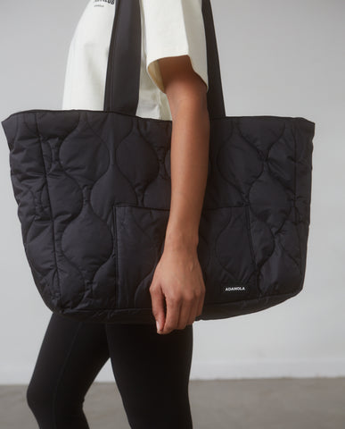 Quilted Nylon Tote Bag - Black - Bags - Adanola