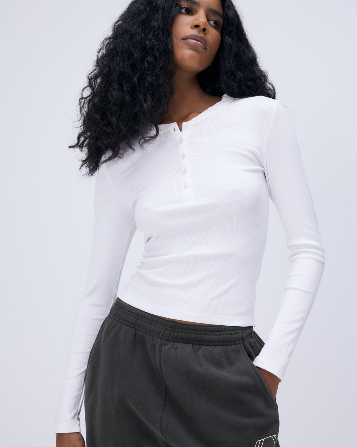 Rib Long Sleeve Button Up Top - White | Adanola